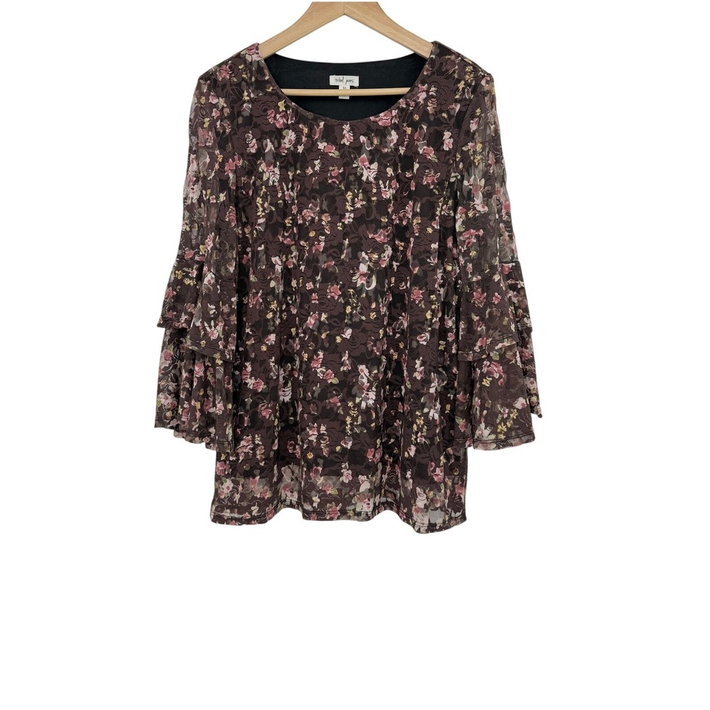 Tribal Jeans Women's G/L‎ Floral Bell Sleeve Sheer Lace Top